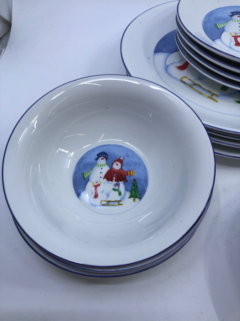 16PC SNOWMAN DISH SET- 4 MUGS, 4 BOWLS, 4 DINNER PLATES, 4 LUNCH PLATES.