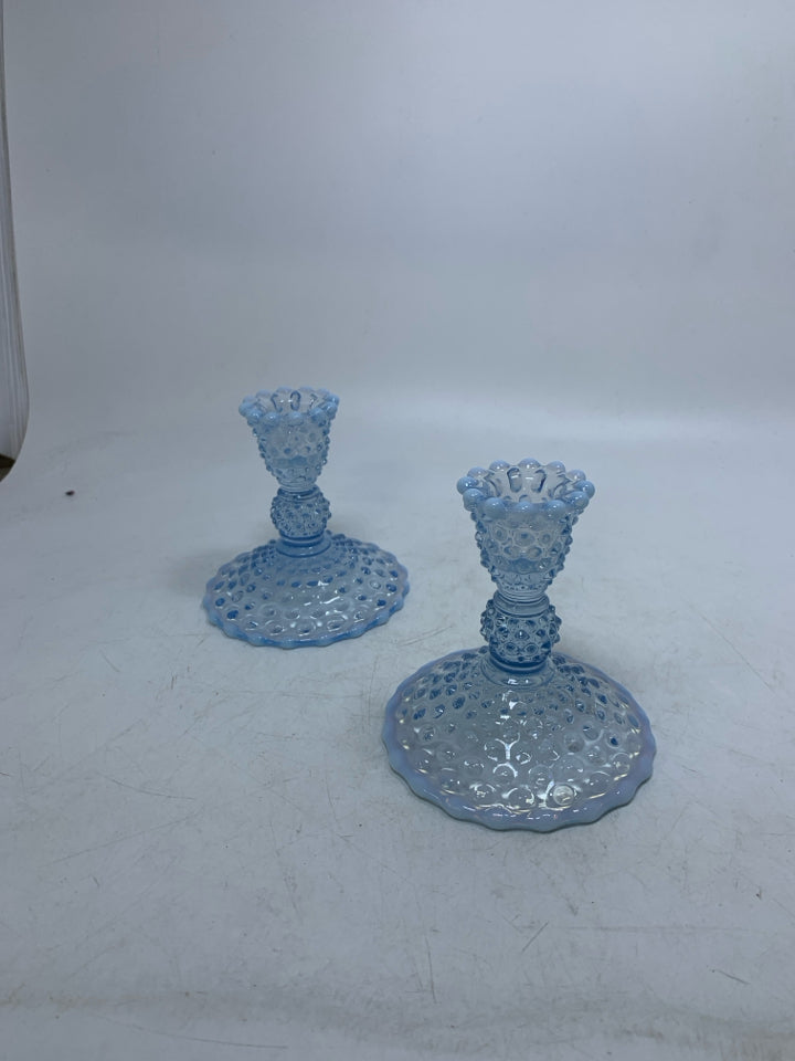 2 VTG BLUE/WHITE OPALESCENT HOBNAIL TAPERED CANDLE HOLDERS.