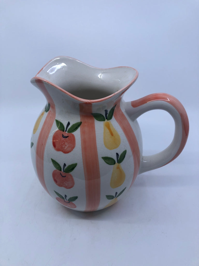 WHITE PITCHER W/ PEACH COLORED STRIPES, APPLES+PEARS.