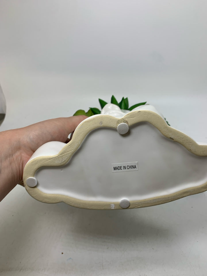 WHITE WOMAN FACE PLANTER W/ FAUX SUCCULENTS.