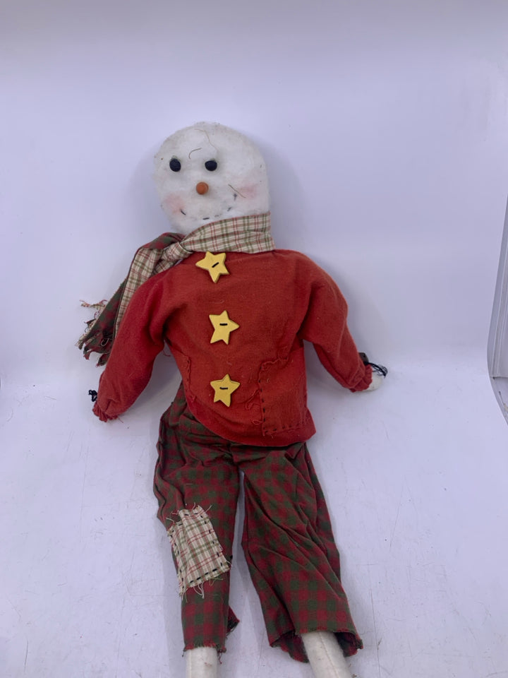 PRIMITIVE STYLE PLUSH SNOWMAN W/ RED SHIRT STAR BUTTONS.