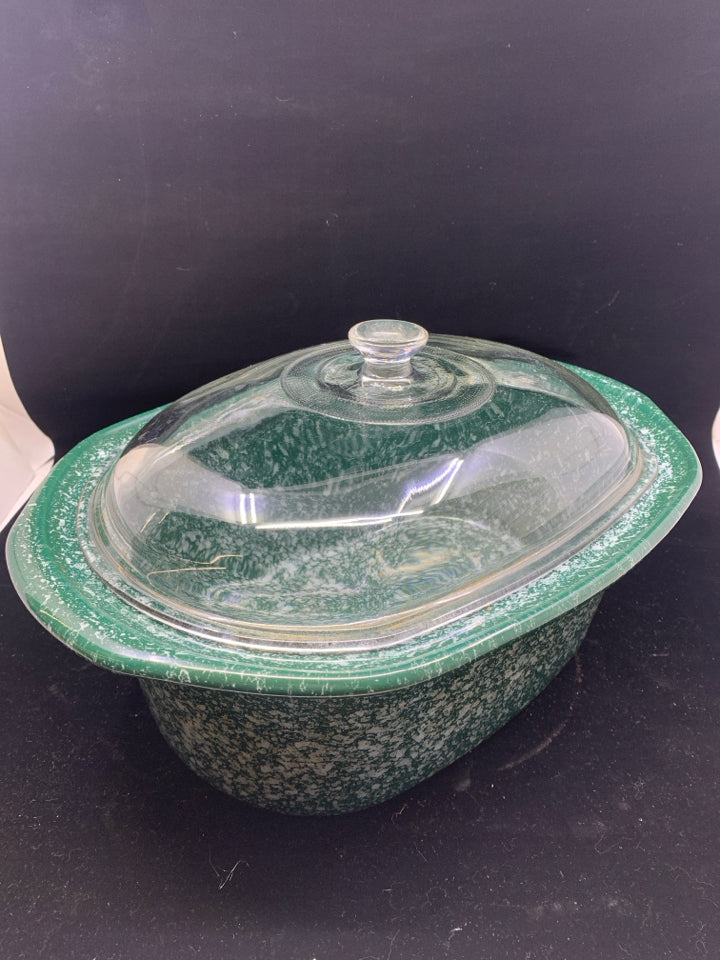 THICK GREEN SPOTTED BAKING DISH W/ CLEAR GLASS COVER.