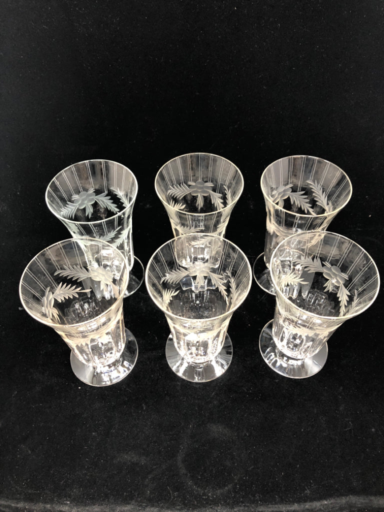 6 VTG FOOTED ETCHED FLORAL TUMBLERS.