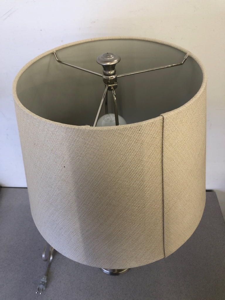 SILVER/GLASS BALL TABLE LAMP W/ BEIGE SHADE.