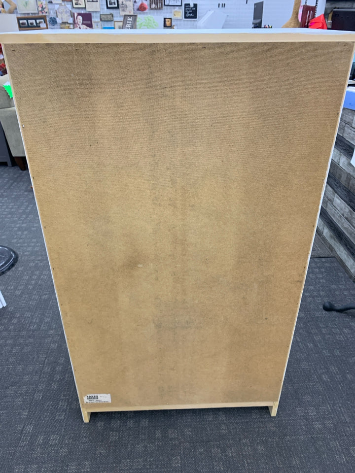 WHITE PAINTED WOOD DRESSER CABINET W/ SHELVES + 2 BOTTOM DRAWERS.