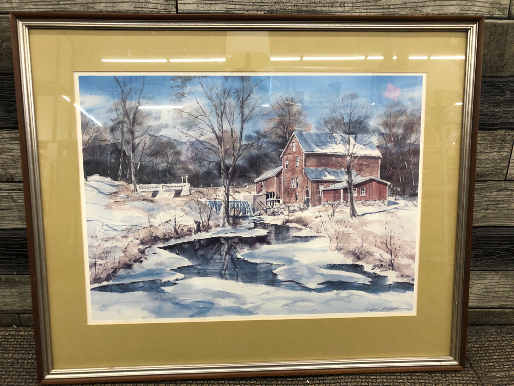 SNOW COTTAGE SCENE IN WOOD FRAME WALL ART.