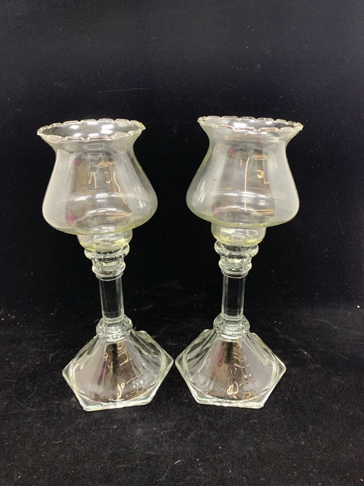 2 HURRICANE GLASS CANDLE HOLDERS W/RUFFLE TOP.