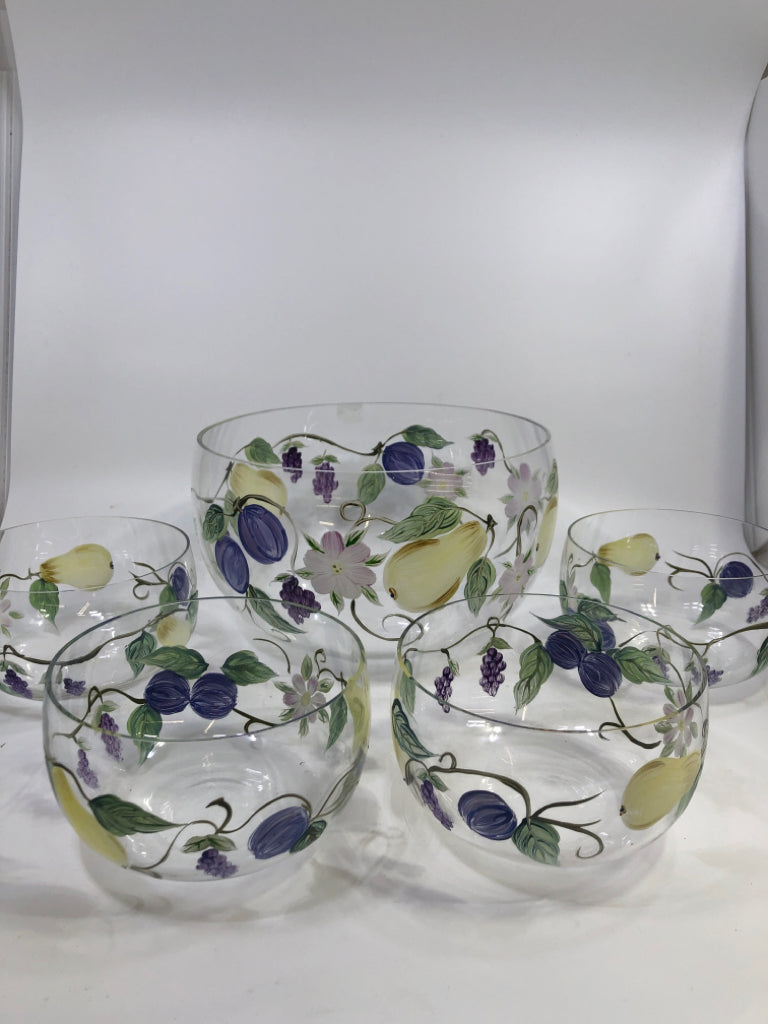 5PC SALAD SERVING SET GLASS W/PAINTED FRUITS.
