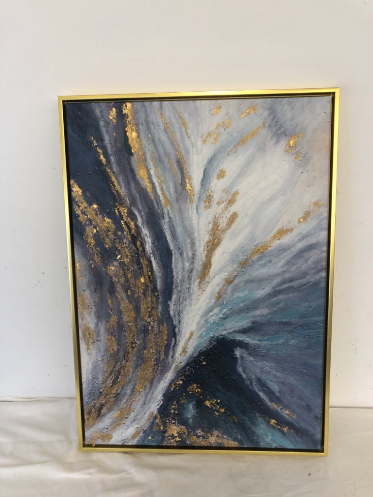 DARK BLUE, WHITE+TEXTURED GOLD ABSTRACT CANVAS IN GOLD FRAME.