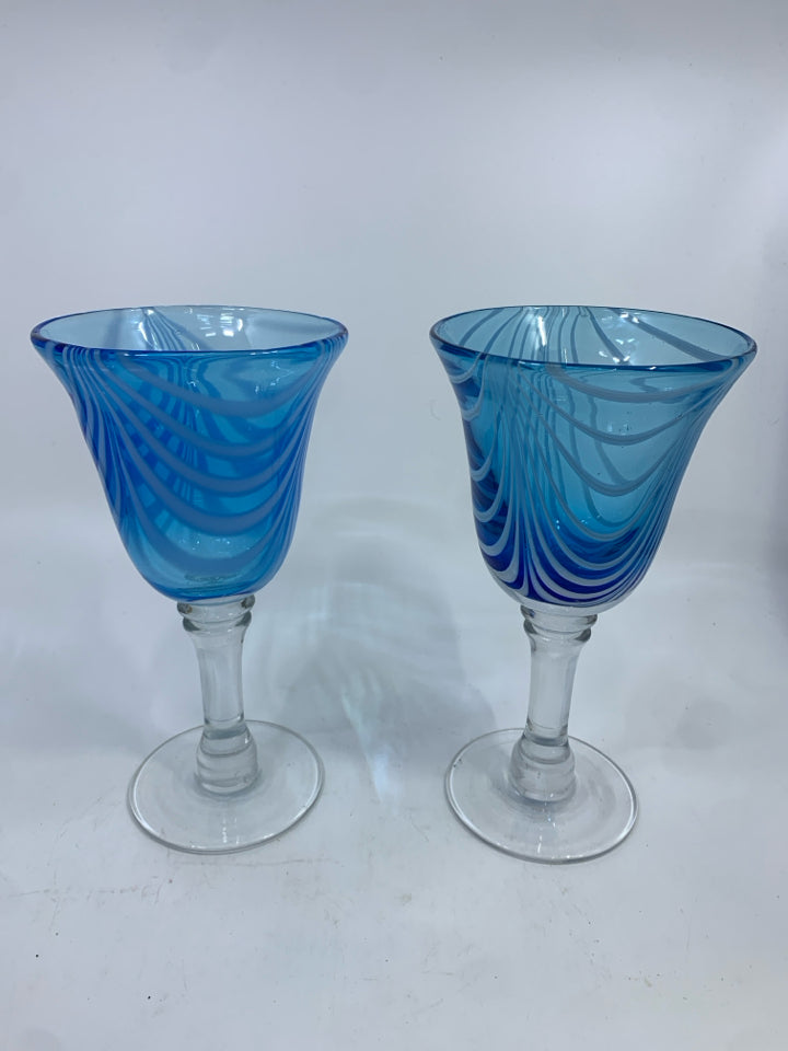 2 HEAVY BLUE GLASS W/WHITE LINES WINE GLASSES.