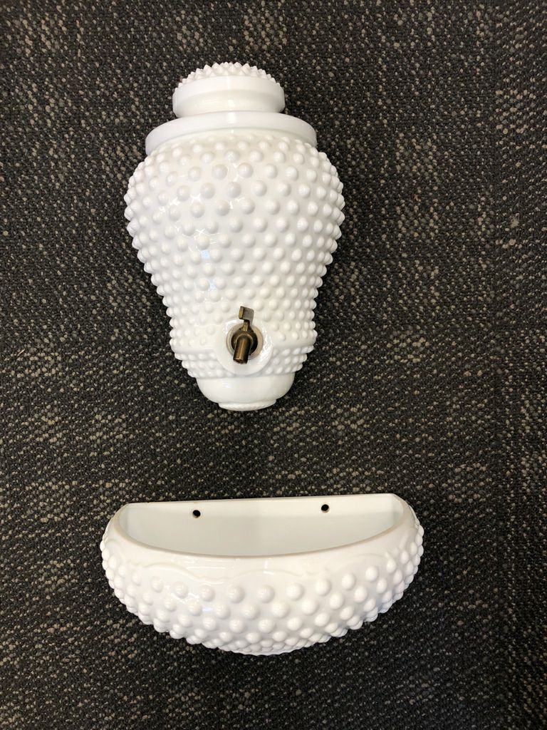 2pc VTG HOBNAIL WALL FOUNTAIN- MILK GLASS SPOUT WATER HOLDER W DRIP BASIN.