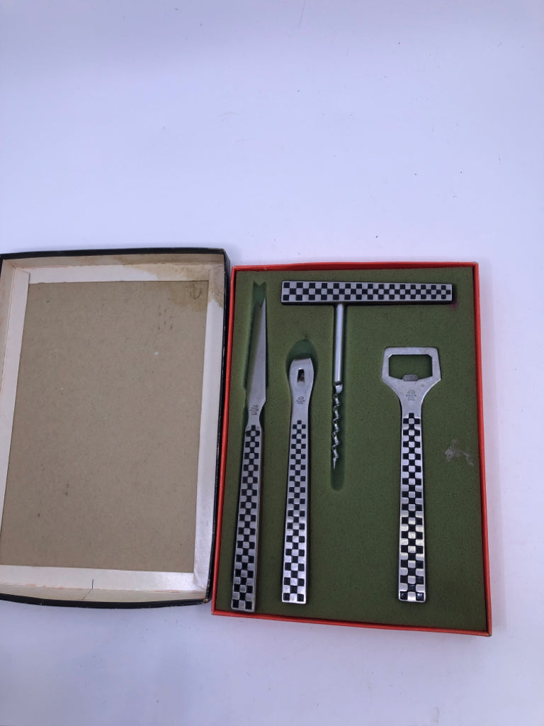 NIB VTG 4 PC STAINLESS STEEL CHECKERED FLAG BAR SET.