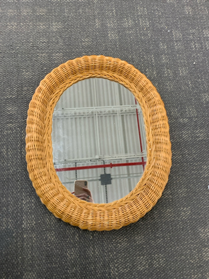 BLONDE WICKER WOVEN MIRROR.