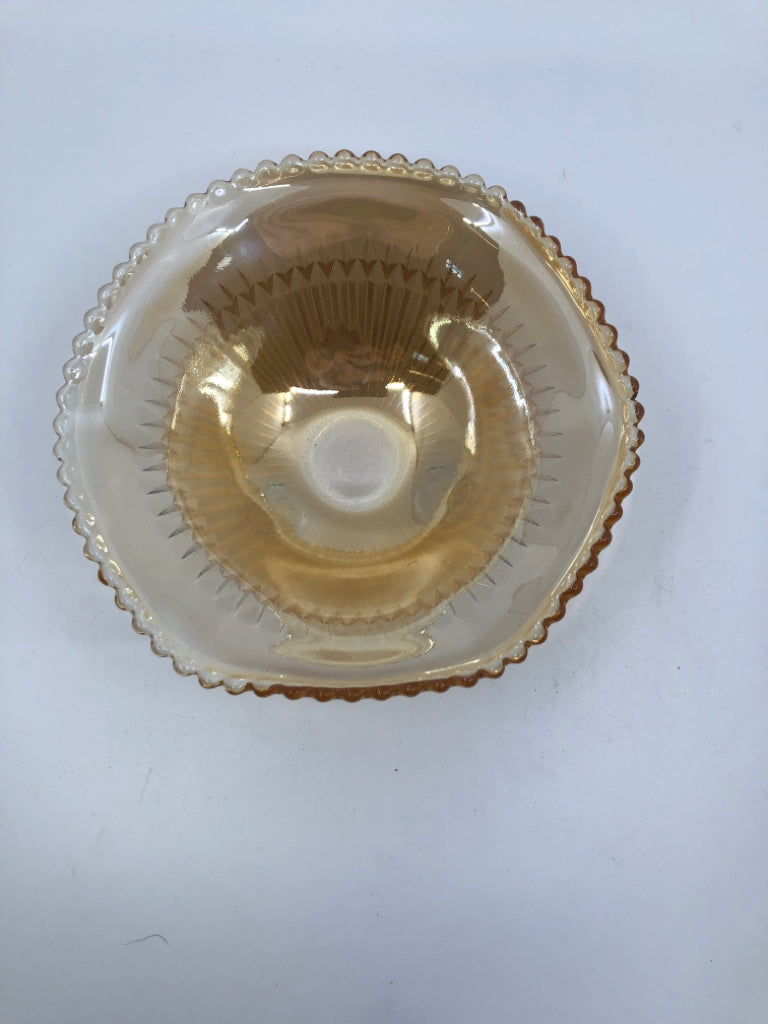 VTG FOOTED IRIDESCENT RIBBED CANDY DISH.