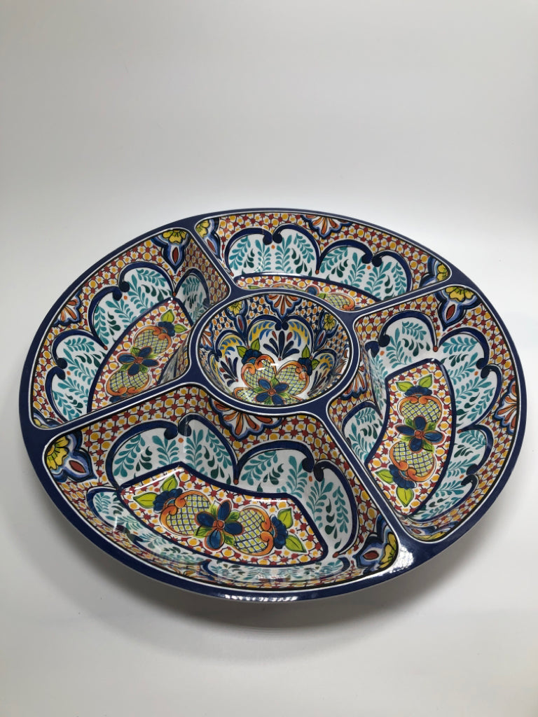 MULTI-PATTERNED DIVIDED MELAMINE SERVING DISH.