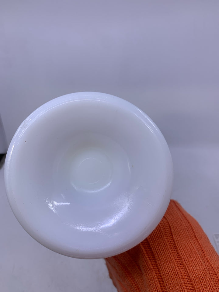 FOOTED HOBNAIL MILK GLASS VASE W/ RUFFLED EDGE.