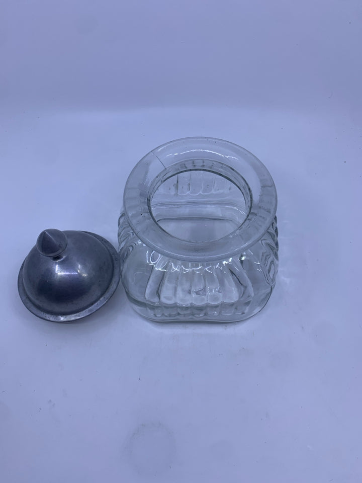 SQUARE RIBBED CANDY DISH W METAL LID.