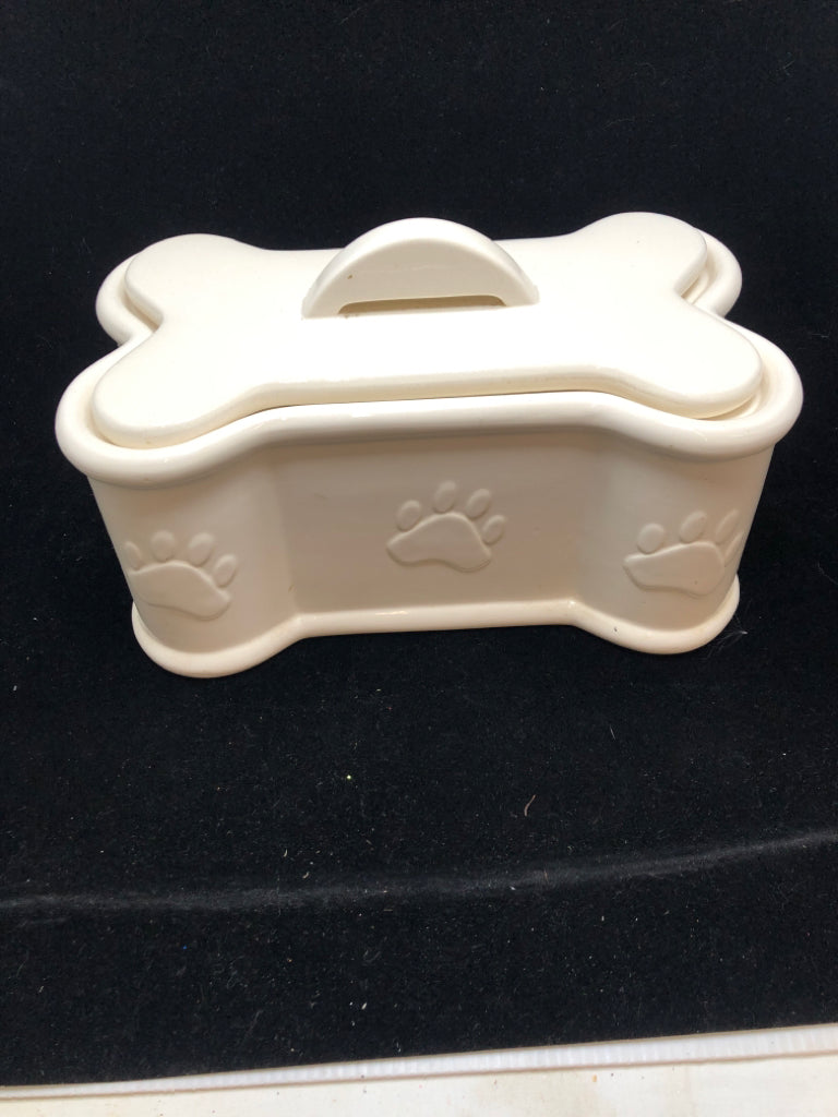 WHITE CERAMIC DOG BONE CANISTER W/LID.