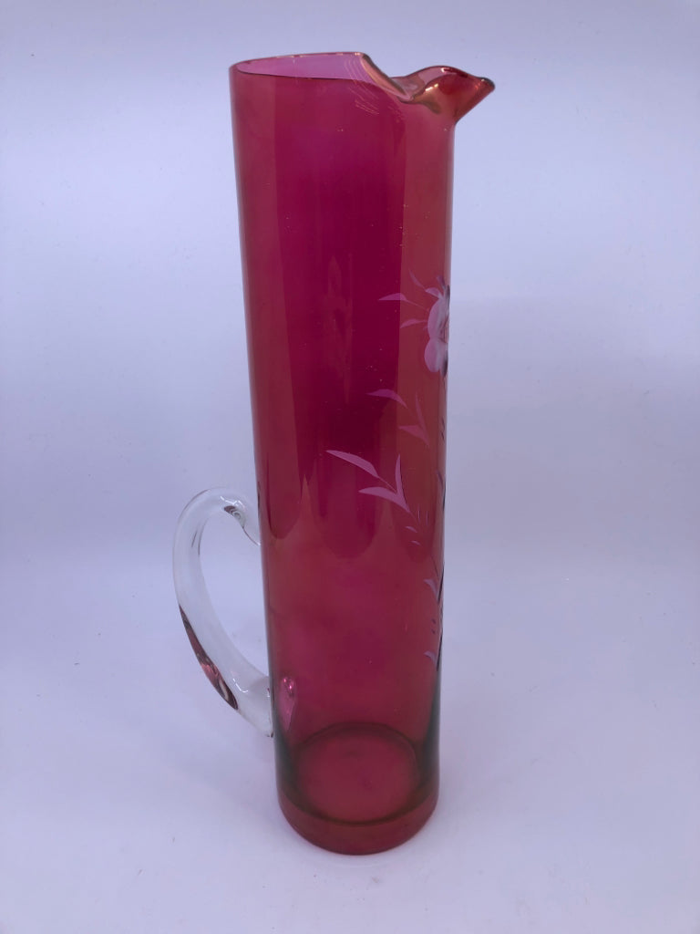 VTG 7PC RED CRANBERRY ETCHED DECANTER SET- 6 GLASSES, 1 DECANTER.