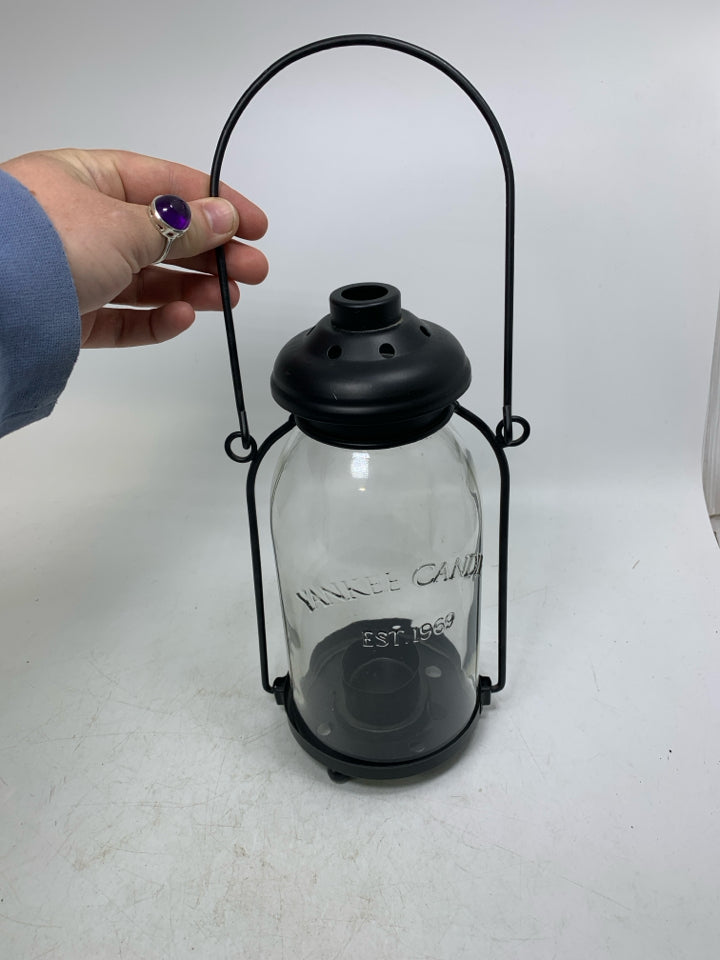 BLACK LANTERN MASON JAR TEA LIGHT LAMP HOLDER .