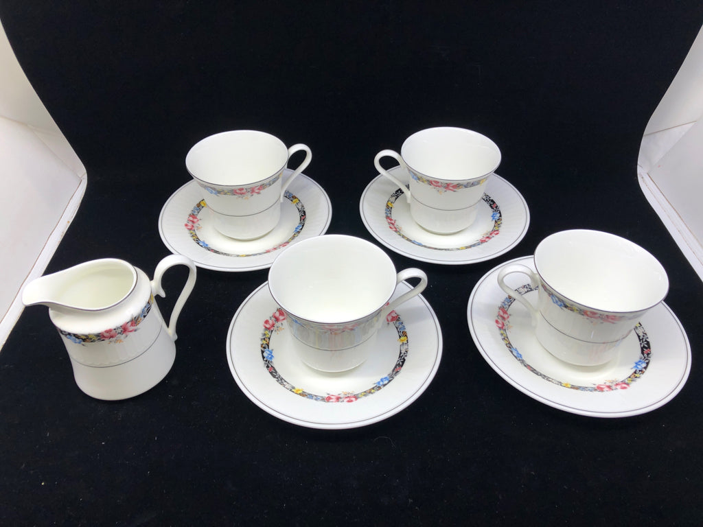 5pc WHITE W/ BLACK RIM OF FLOWERS-4 CUPS+ SAUCERS, 1 CREAMER 4".