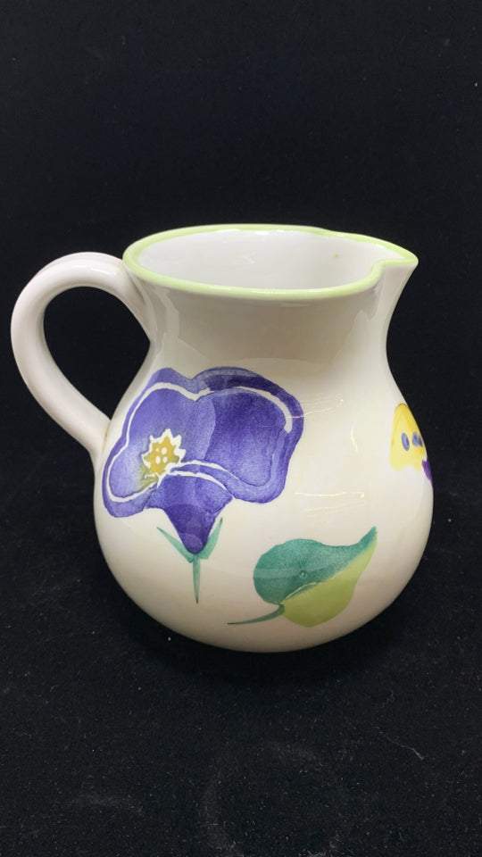 FLORAL PAINTED PITCHER W/LIME GREEN RIM.