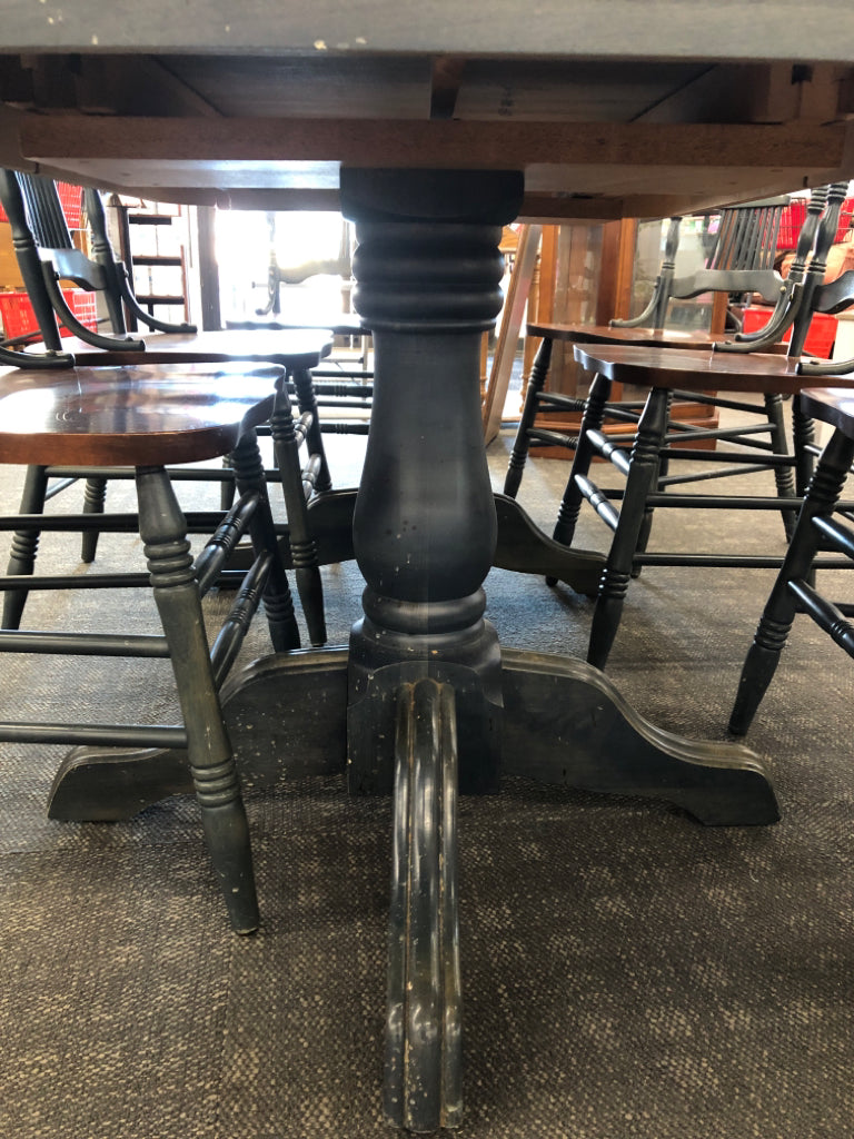 WOOD & SLATE BLUE TABLE W/8 CHAIRS & 2 LEAVES INSIDE.