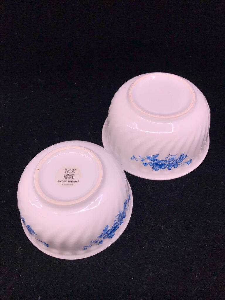 2 BLUE FLORAL SWIRL RIBBED BOWLS.