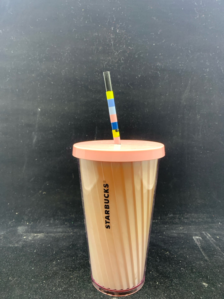 STARBUCKS PLASTIC TRAVEL TUMBLER PINK+WHITE RIPPLE DESIGN.