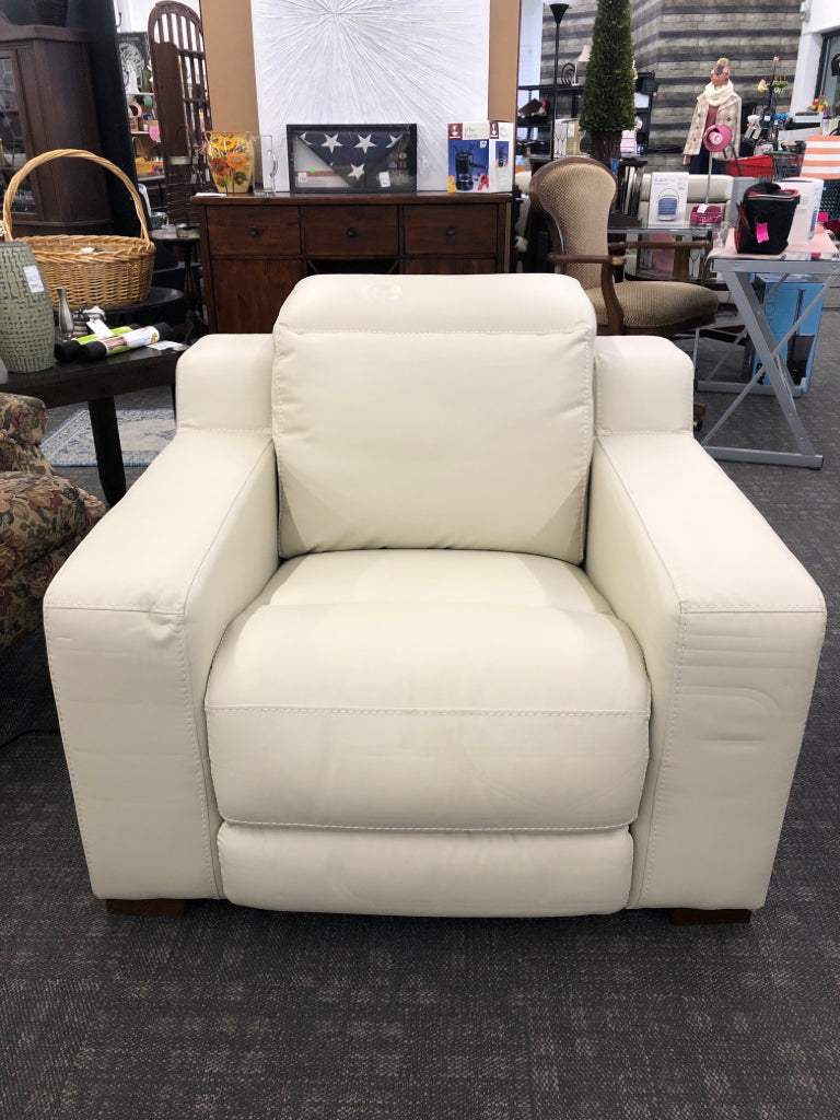 WHITE FAUX LEATHER RECLINER.