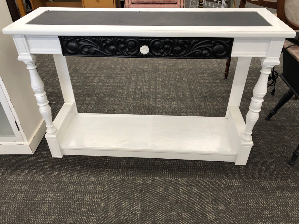 WHITE & BLACK CONSOLE TABLE W/FLOWER DRAWER PULL.