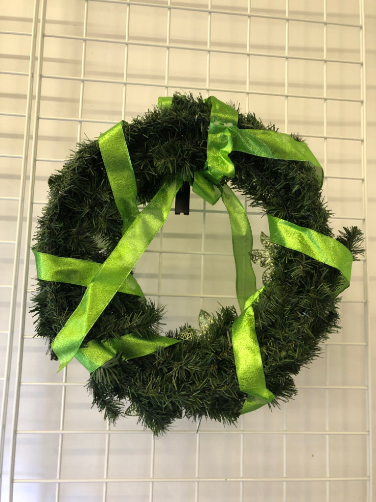 FAUX WREATH W BRIGHT GREEN BOW.