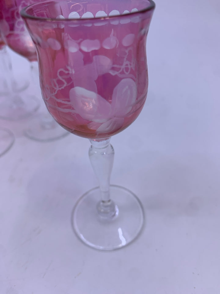 8 PINK CORDIAL GLASSES W/EMBOSSED GRAPES.