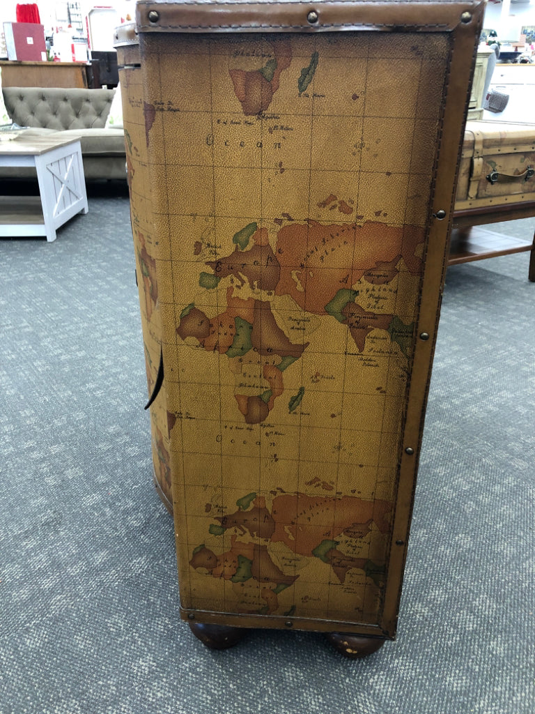 MAP FAUX LEATHER DESIGN CONSOLE TABLE/CABINET W/ SHELF.