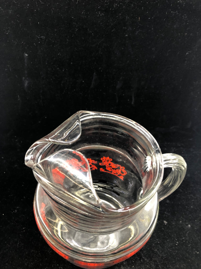 VTG GLASS PITCHER W/ RED ETCHED COW SCENE/ BLACK CHECKERED.