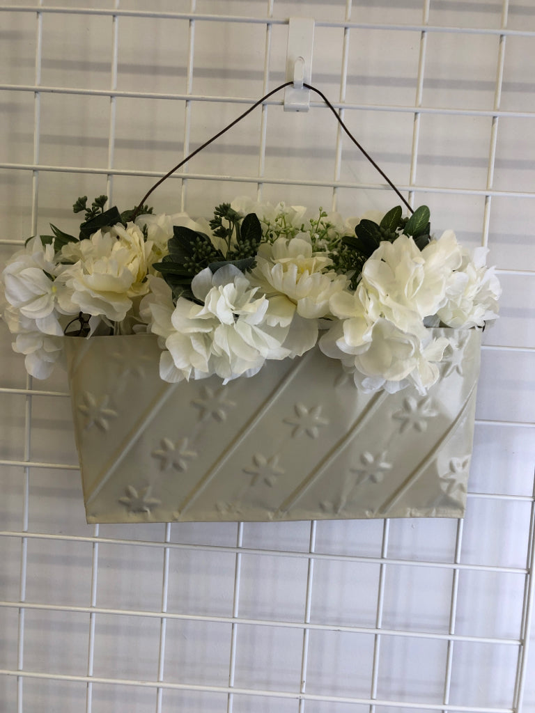 FAUX WHITE FLORAL METAL WALL POCKET.