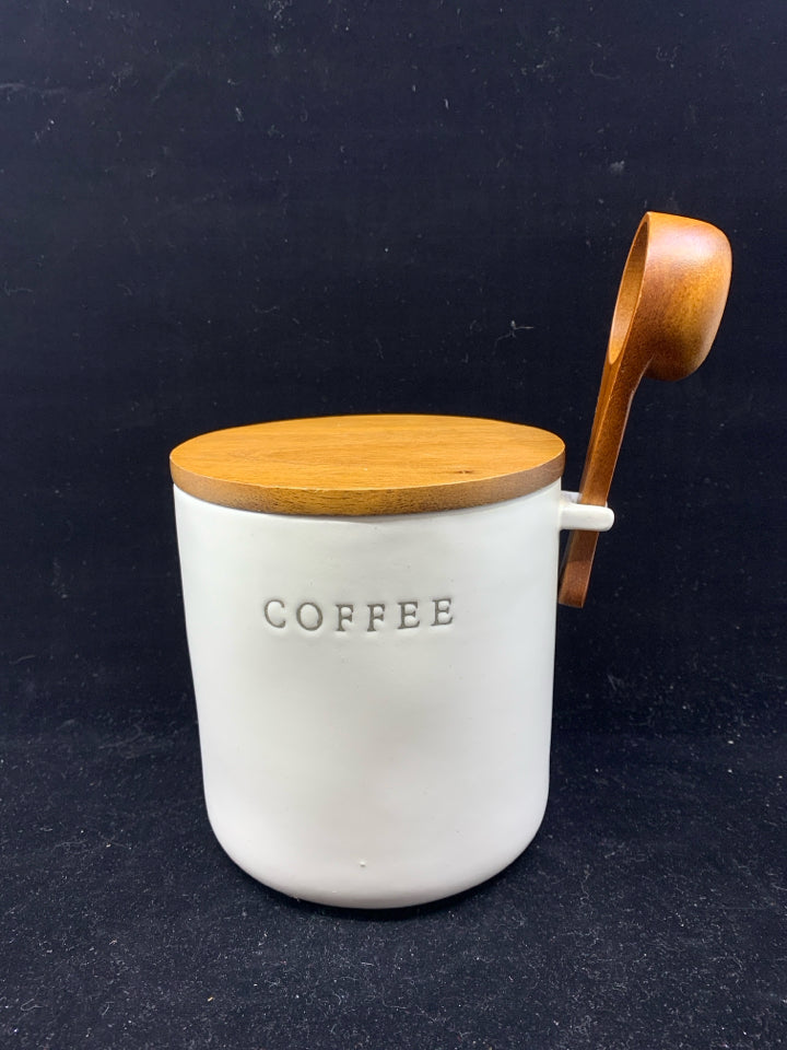 WHITE W/ WOOD LID COFFEE CANISTER W/SPOON.