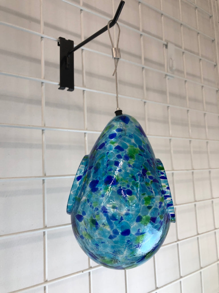HANGING BLUE GLASS WATER DROP BIRD FEEDER.