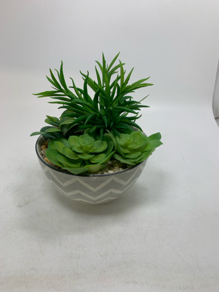 GREY ZIG ZAG BOWL W/ FAUX SUCCULENTS.
