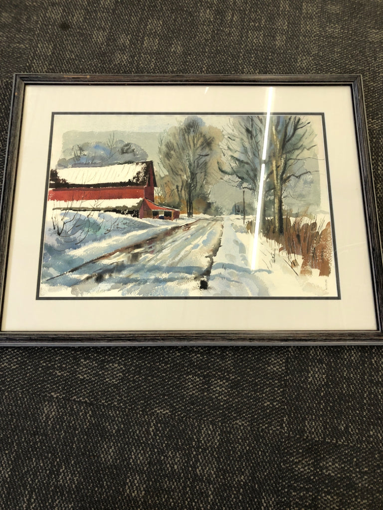SNOW COVERED BRIDGE WATER COLOR PRINT BLACK DISTRESSED FRAME.