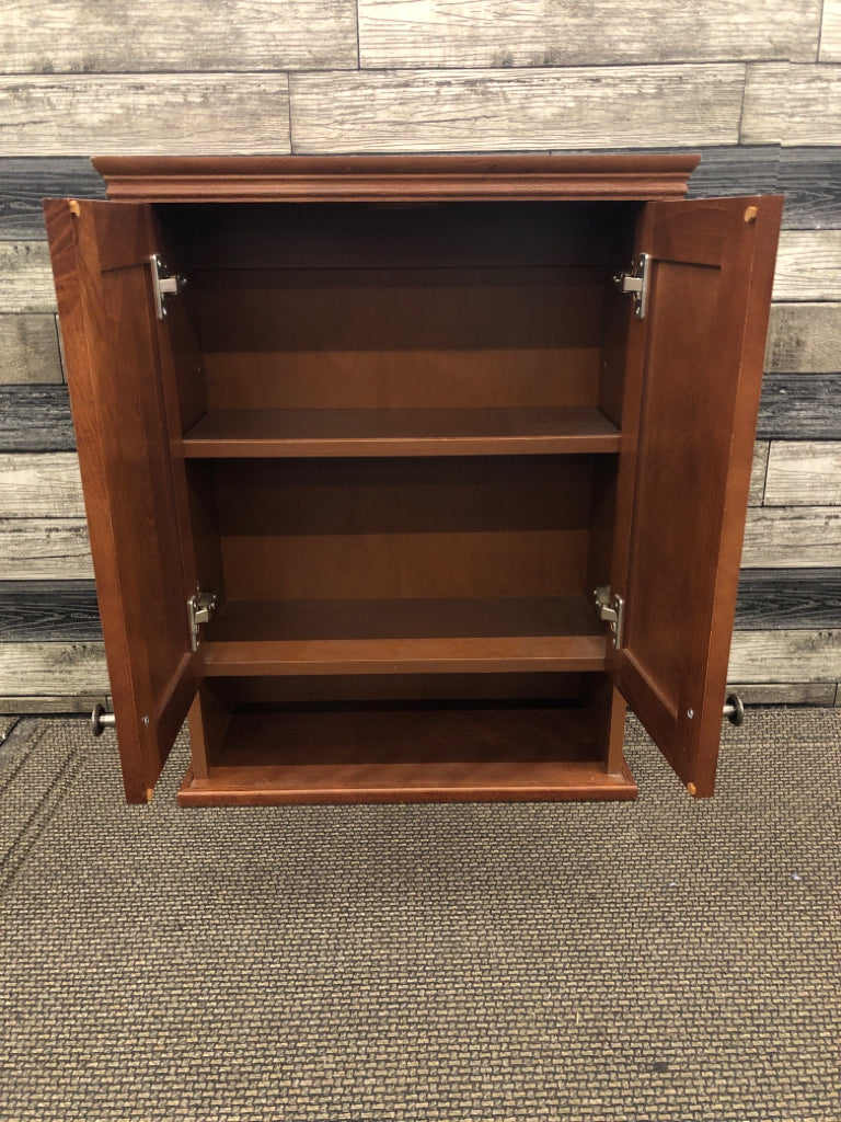 BROWN WOOD BATHROOM WALL CABINET W/ LOWER DRAWER.