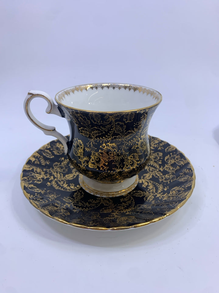 VTG BLACK W/GOLD DESIGN TEA CUP & SAUCER-ELIZABETHAN.