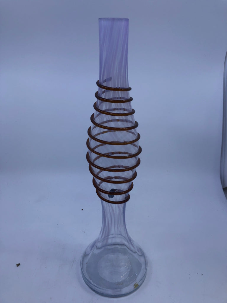 BLOWN GLASS VASE W/BROWN, PURPLE LINE DETAIL.
