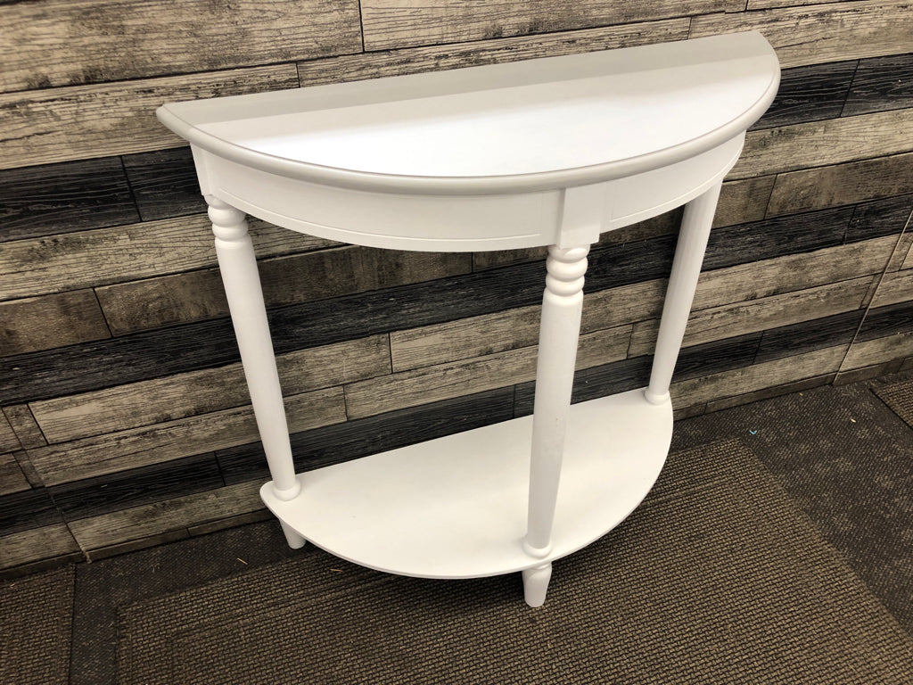 WHITE W GREY HALF MOON TABLE W BOTTOM STORAGE.