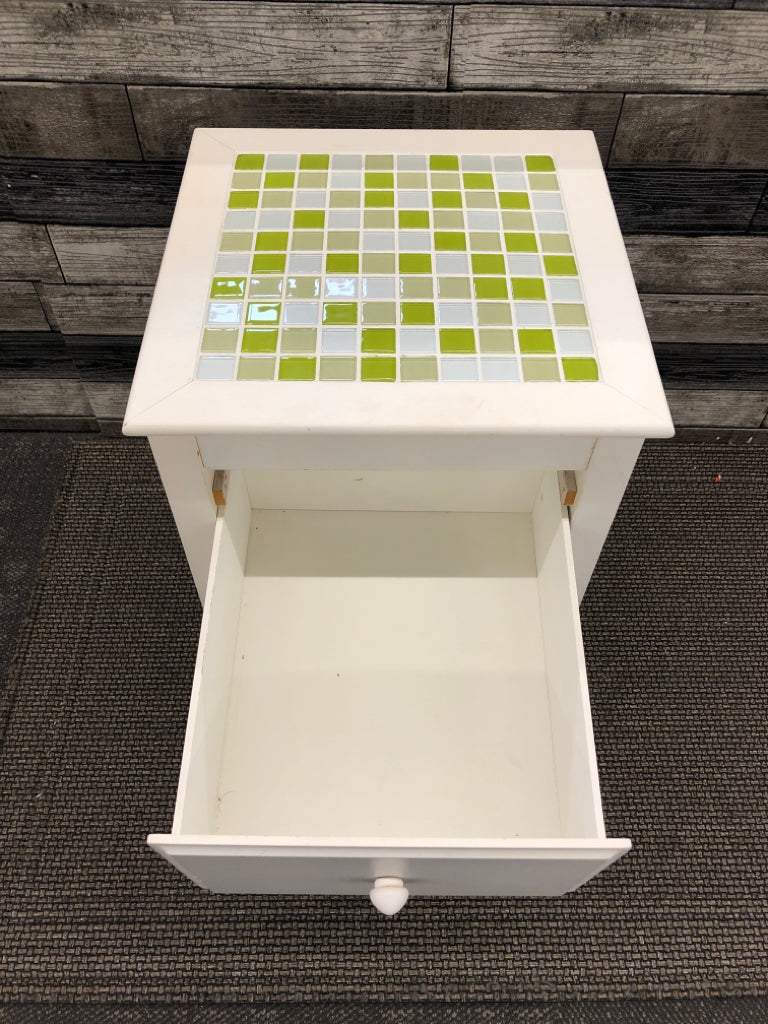 WHITE ONE DRAWER NIGHTSTAND W GREEN MOSAIC TOP.