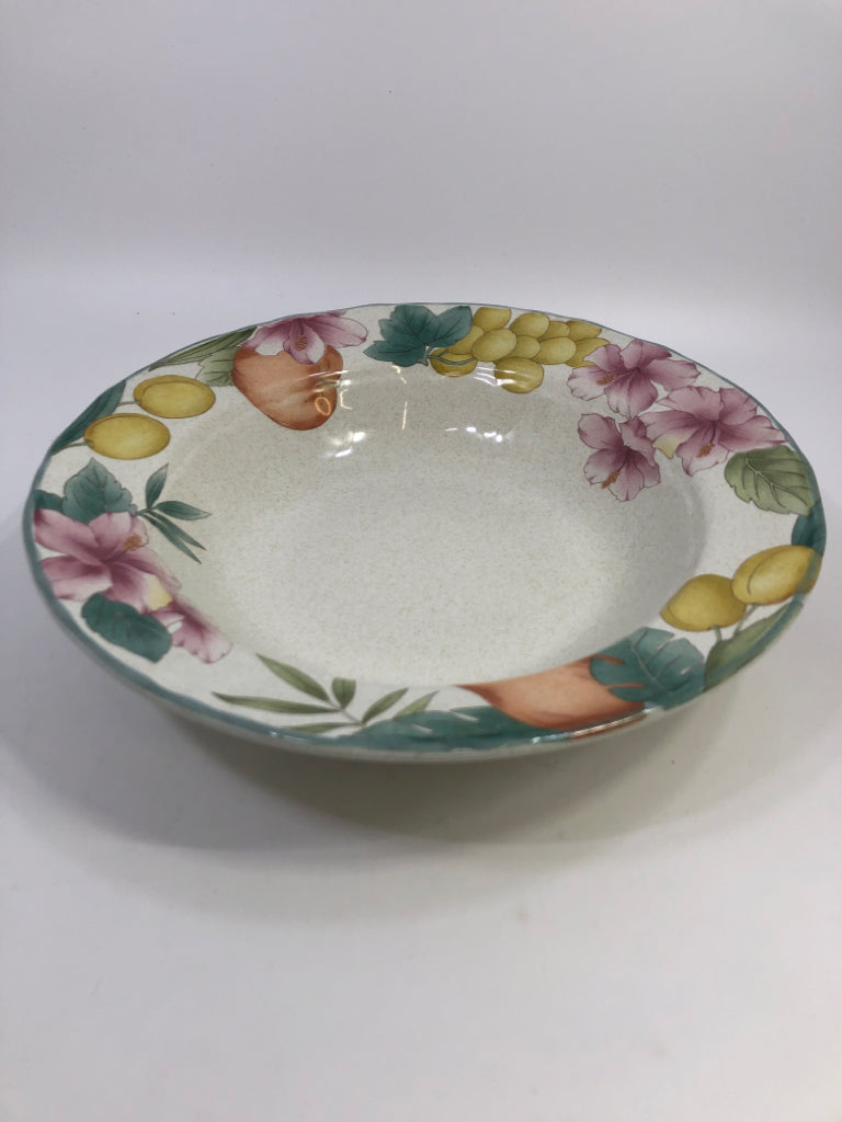 SERVING BOWL W/FRUITAGE PRINT TEAL RIM.