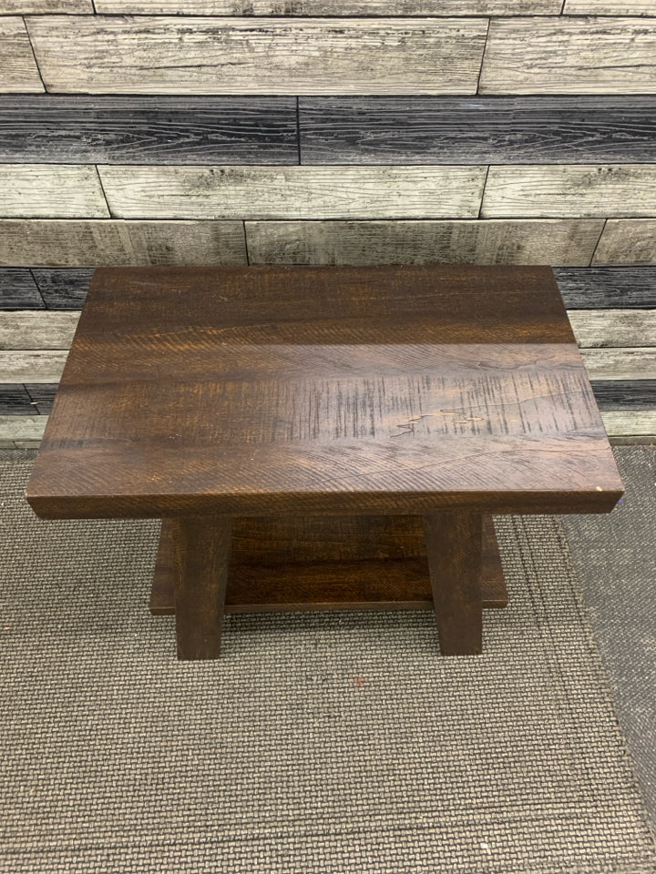 2-TIER DARK BROWN A-FRAME SIDE TABLE.