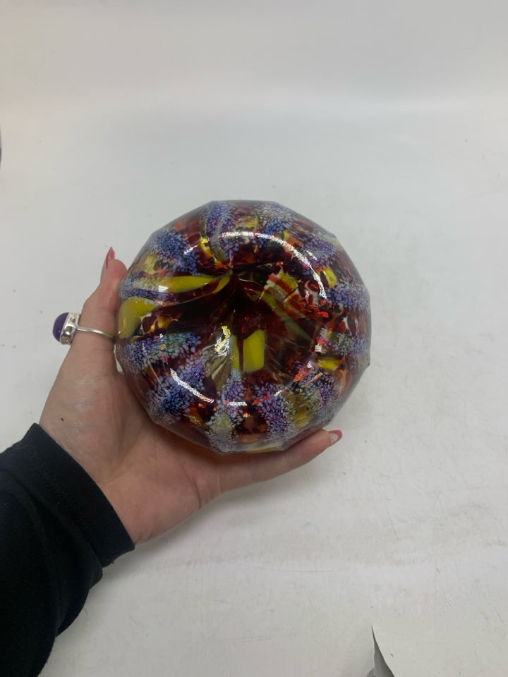 MULTI COLORED SQUISHED BLOWN GLASS PUMPKIN.