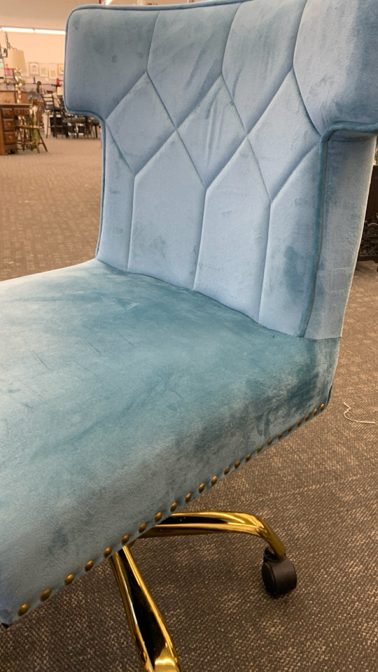 TEAL BLUE VELOUR OFFICE SWIVEL CHAIR W/ GOLD STUDS/LEGS.