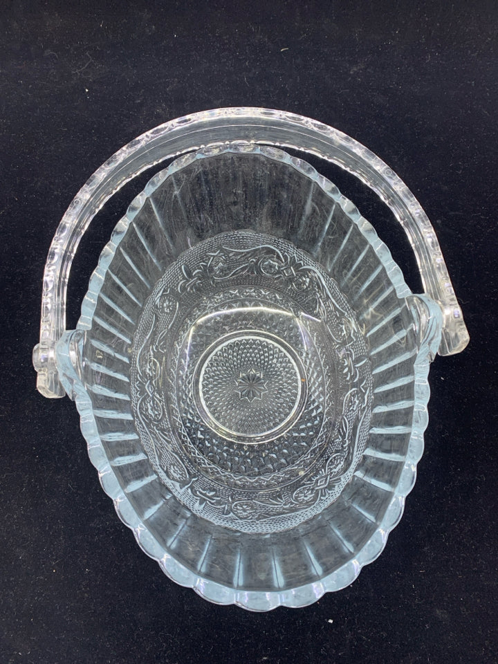 CUT CLEAR GLASS BASKET W PLASTIC HANDLE.